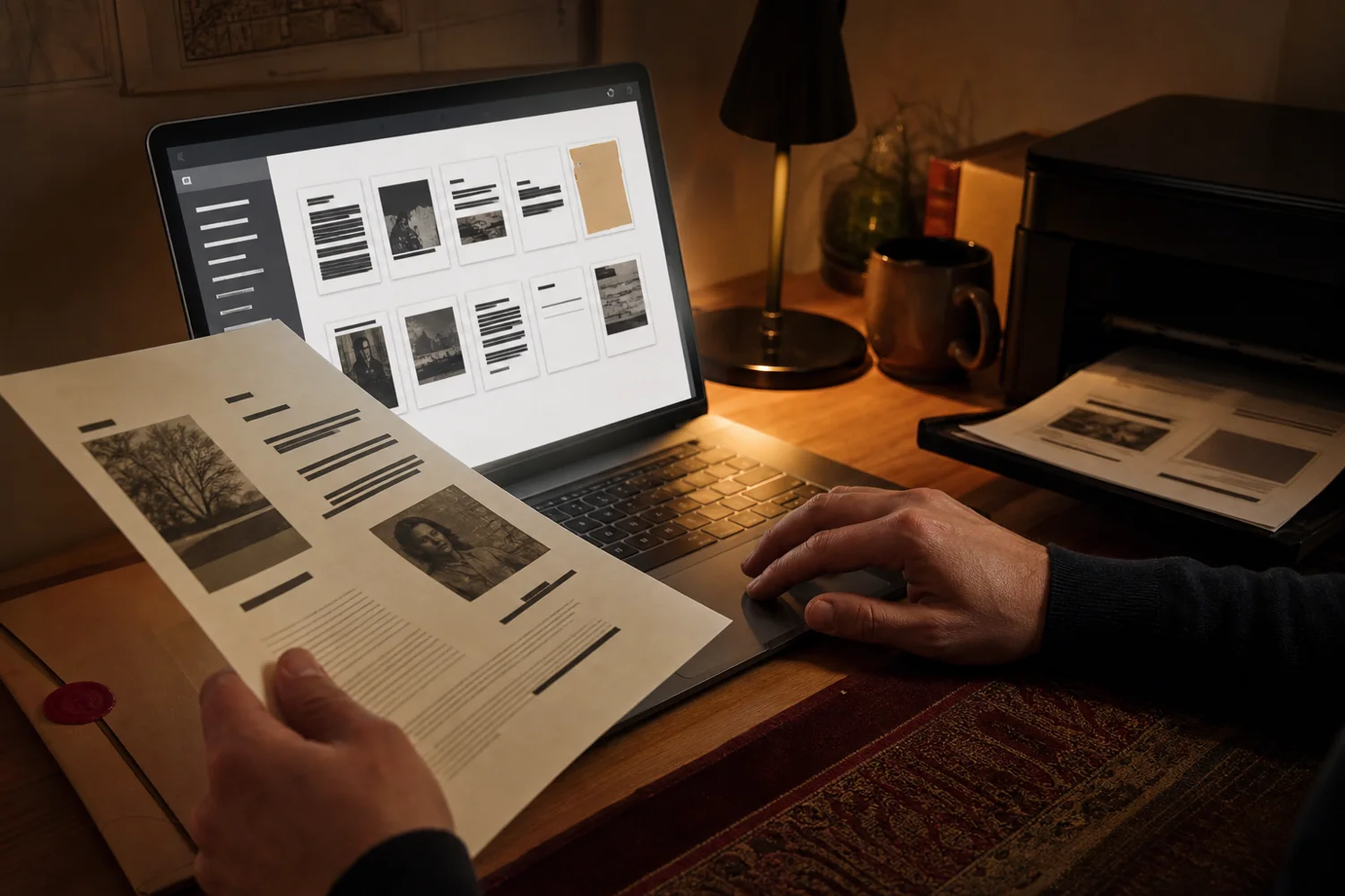 Gracz otwiera cyfrowe akta PDF i trzyma pierwszy wydrukowany dokument